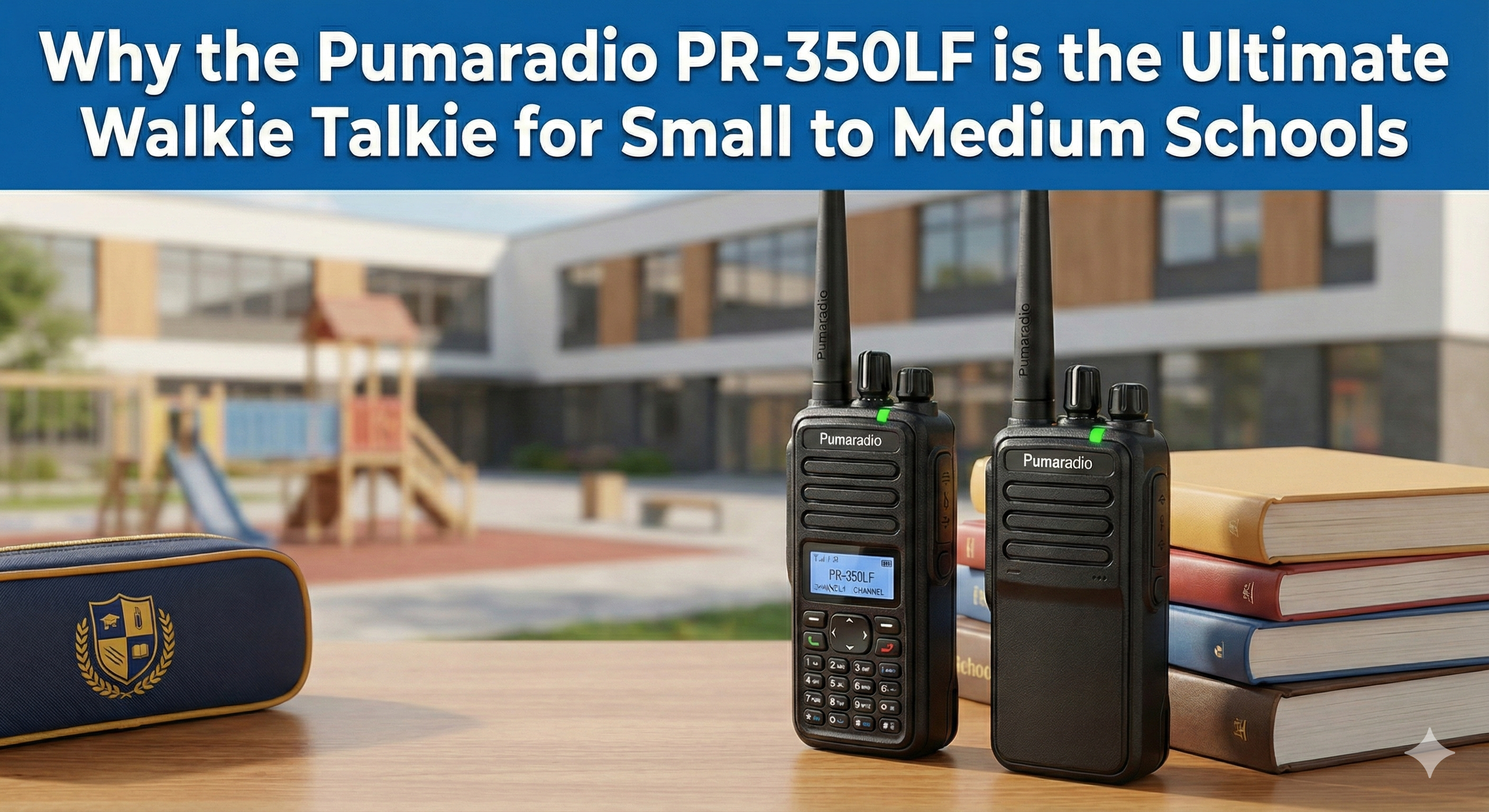 Pumaradio two-way radios sat on a desk in a school